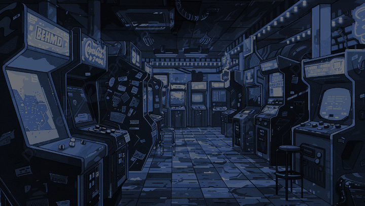 Arcade interior: atmospheric dark hall with glowing game cabinets