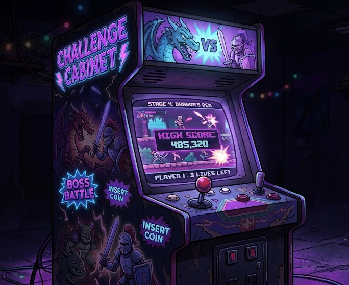 Pixel-art arcade cabinet labelled 'Challenge Cabinet' showing a dragon vs knight boss battle on screen, representing the design challenge.