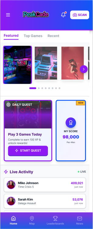 PeakCade homepage with a featured-games carousel, a daily quest card, a personal high score and a live activity feed.