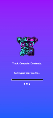 PeakCade loading screen with the neon logo, tagline and a 'Setting up your profile' progress bar.