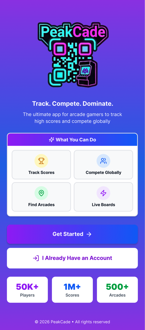 PeakCade welcome screen with the tagline 'Track. Compete. Dominate.' and cards for Track Scores, Compete Globally, Find Arcades and Live Boards.