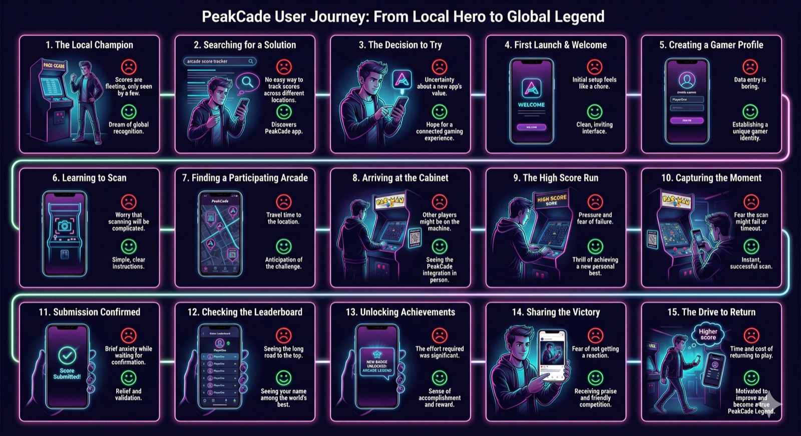 PeakCade's user journey map, 'From Local Hero to Global Legend': each step illustrated with the player's emotional highs and lows, from discovering the app to returning to play.
