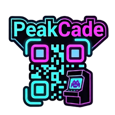 The PeakCade QR emblem: a neon cyan-and-magenta wordmark over a functional QR code, a stylized arcade cabinet and a pixel-art invader.